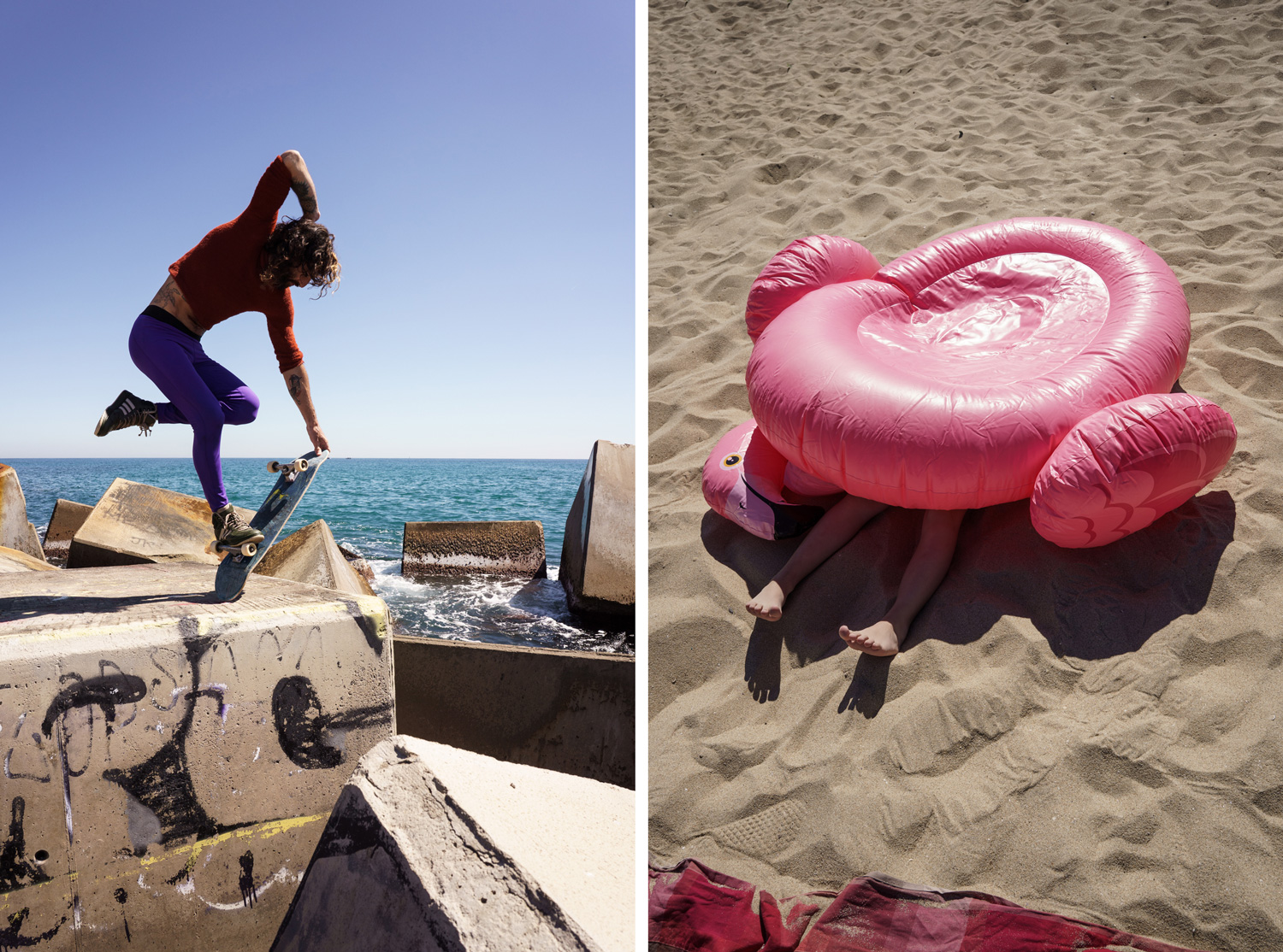 Diptych: a skateboarder performing a trick on a graffiti-covered breakwater block above the sea, paired with a pink flamingo pool float on the beach with bare feet peeking out