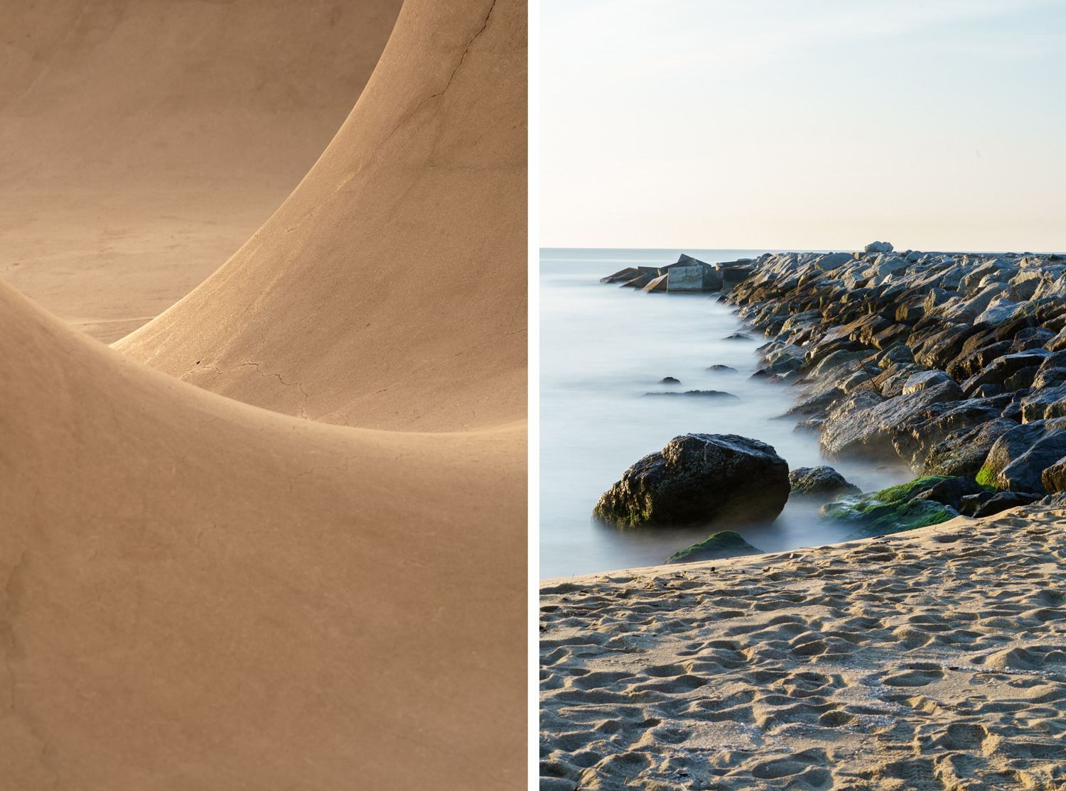 A detail photograph of a skatepark ramp paired with a rock formation breakwater in Barcelona, Spain